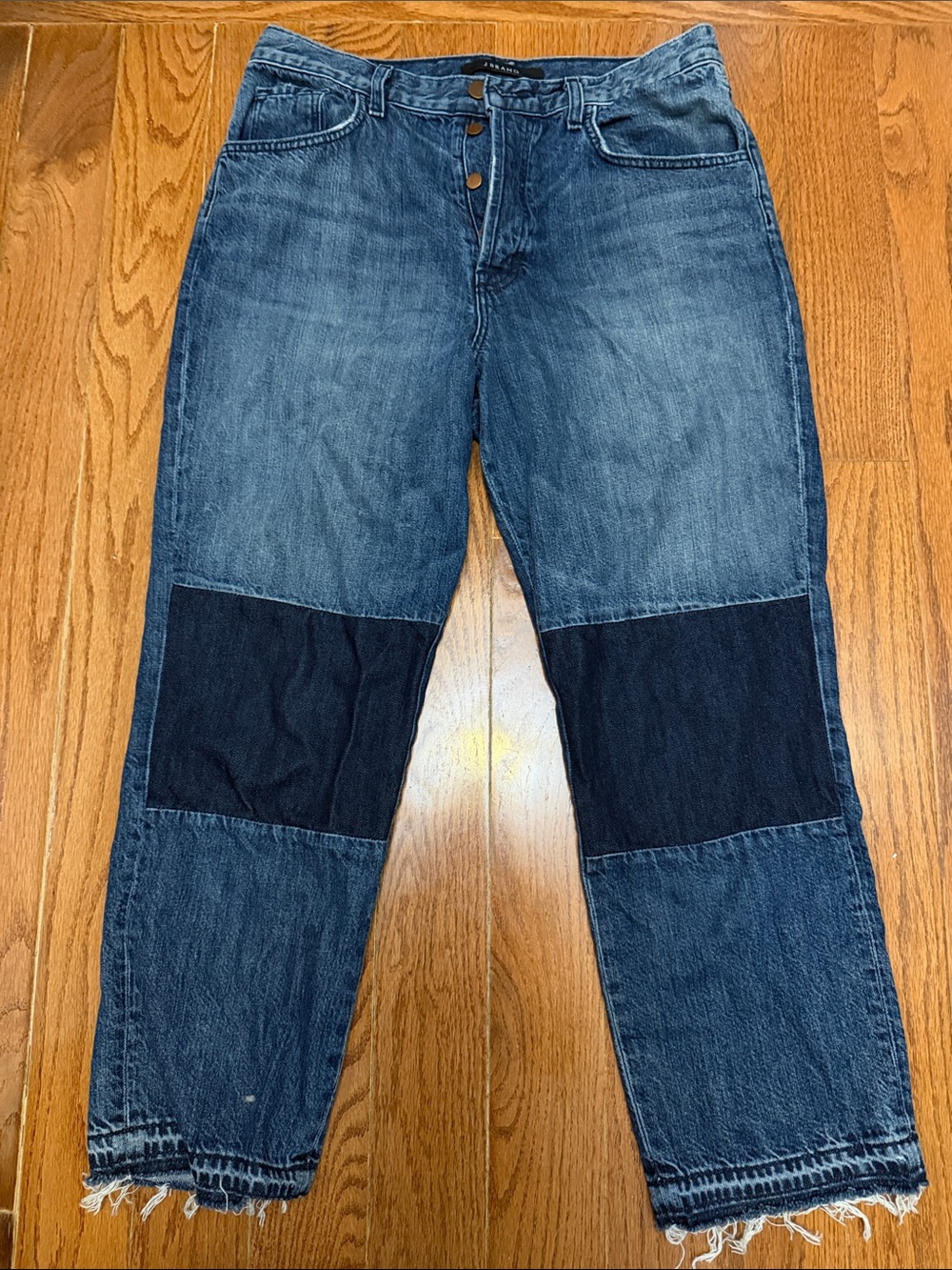 J Brand Dual-Tone Blue Straight Cropped Jeans with Dark Knee Panels Size 29